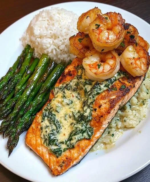 Creamed Spinach-Stuffed Salmon topped with Garlic Shrimp served on a plate