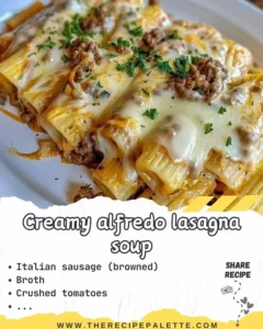 Bowl of creamy Alfredo Lasagna Soup topped with fresh herbs