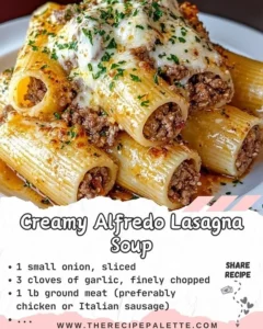 Bowl of creamy Alfredo Lasagna Soup topped with herbs and cheese
