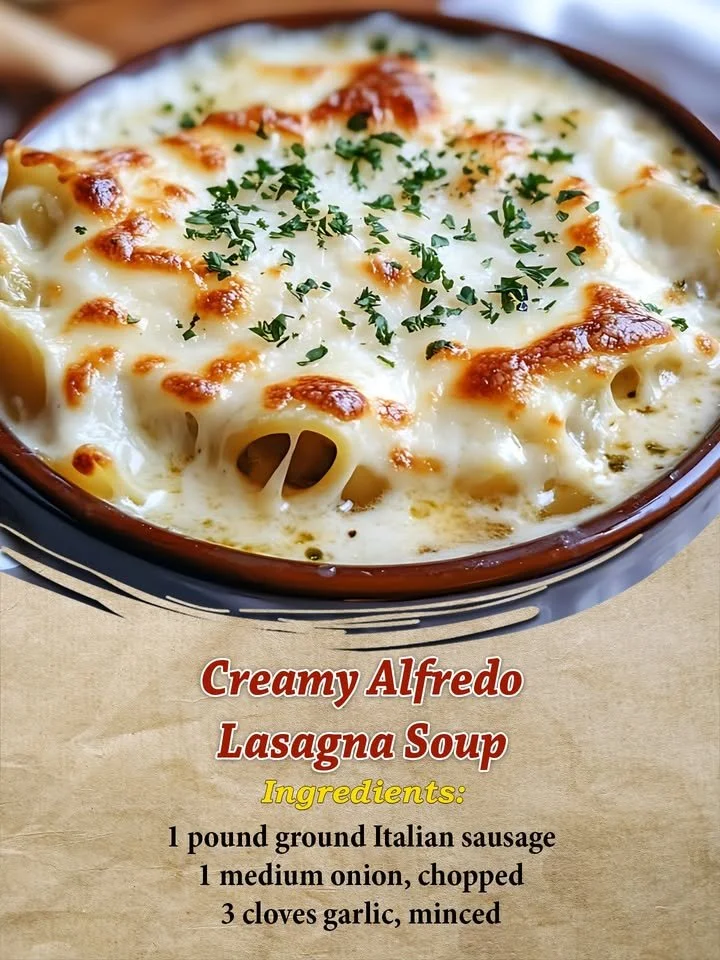 Creamy Alfredo lasagna soup in a bowl with garnishes