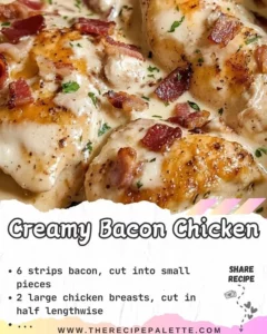 Creamy bacon chicken dish served on a plate with herbs and side vegetables