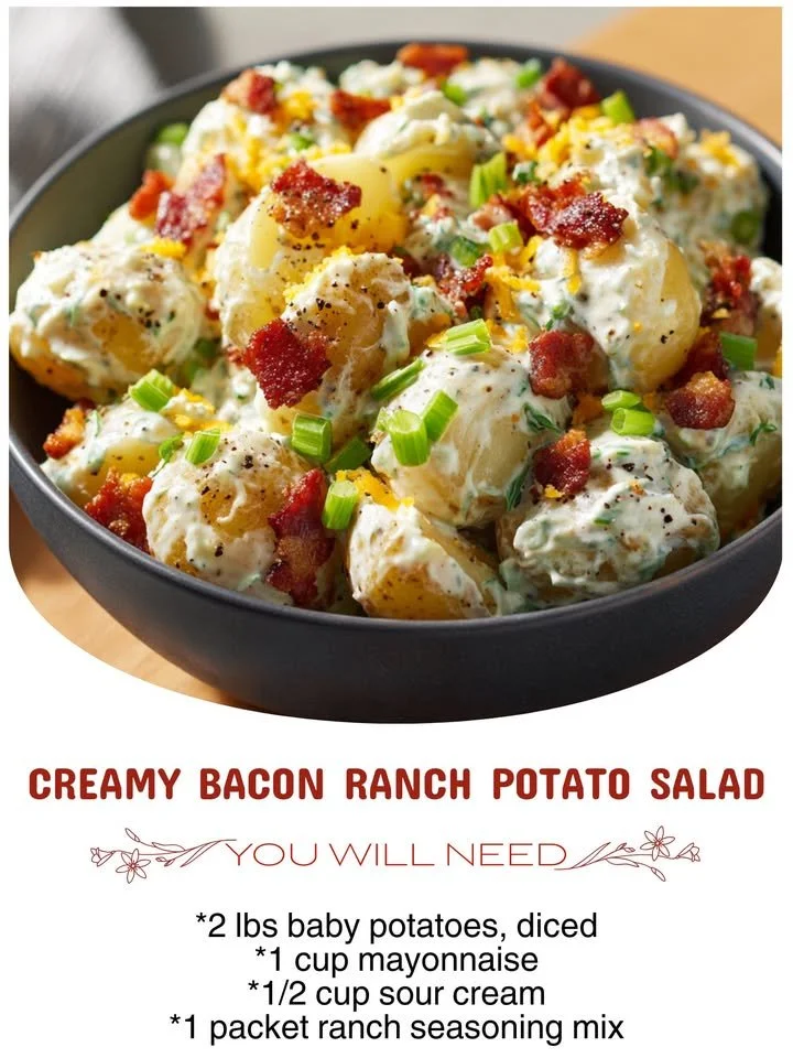 Bacon ranch potato salad in a bowl with fresh herbs and crispy bacon