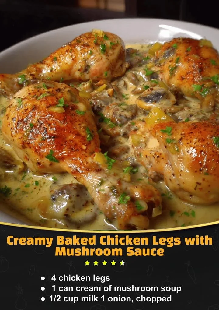 Creamy baked chicken legs with mushroom sauce served on a plate