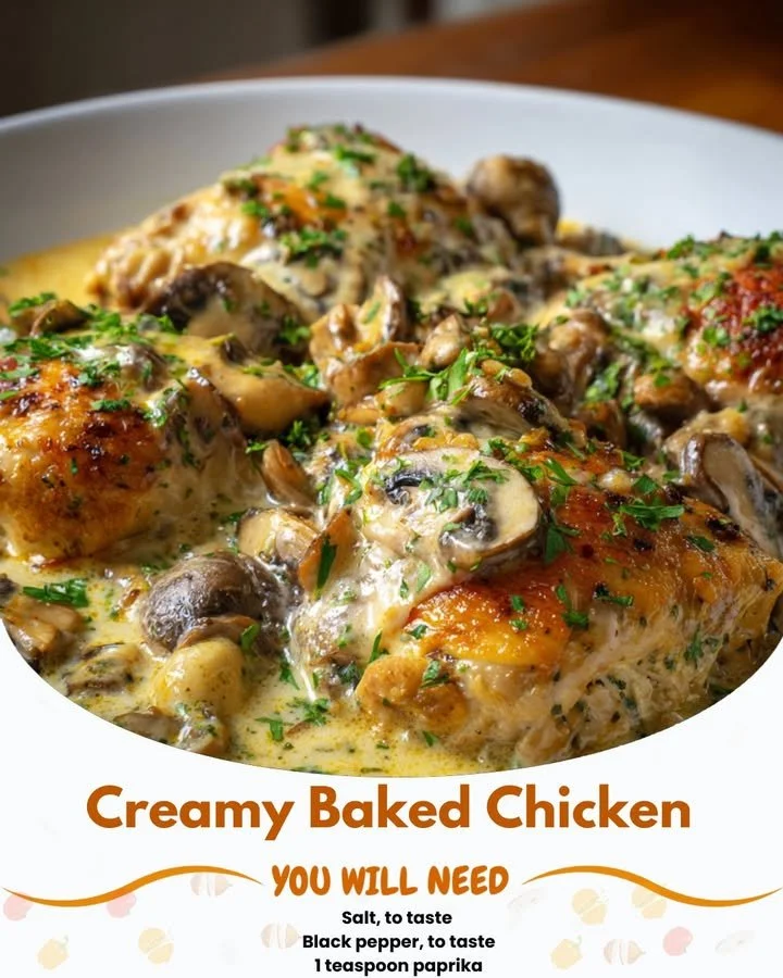 Creamy baked chicken with mushrooms in a savory sauce