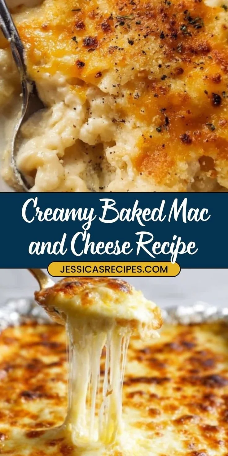 Creamy baked mac and cheese topped with breadcrumbs in a baking dish