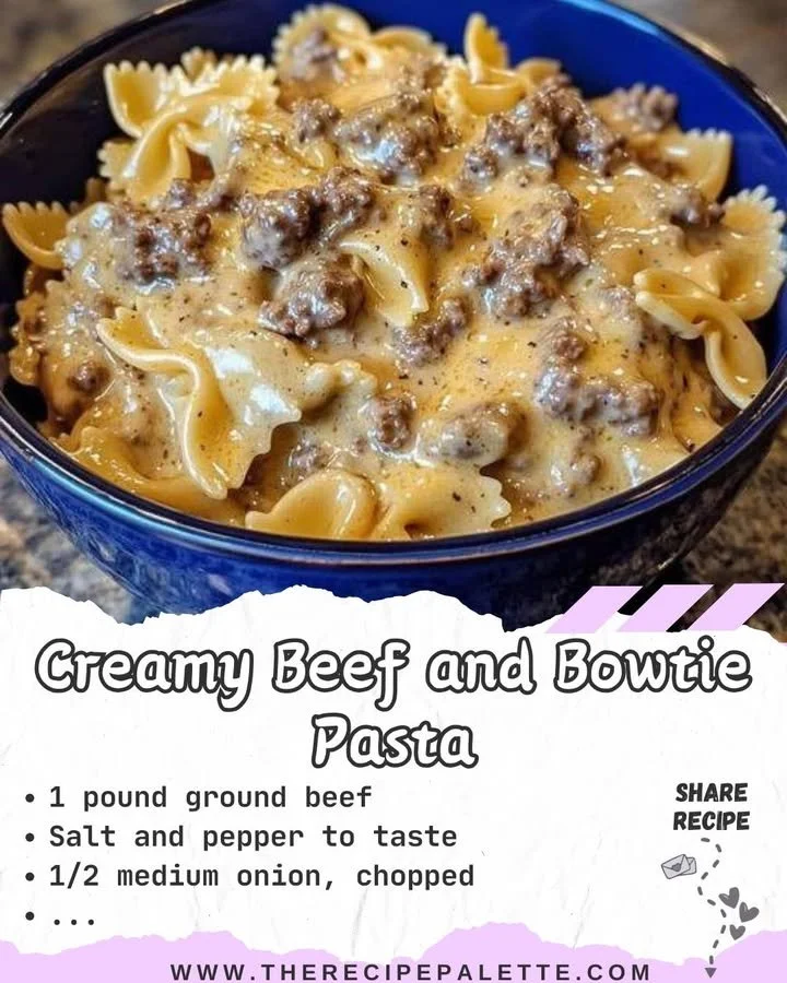 Creamy beef and bowtie pasta dish garnished with herbs