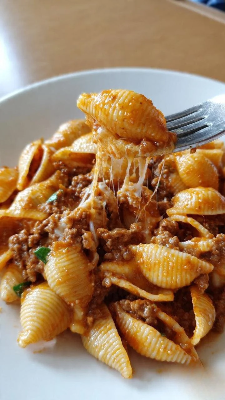 Creamy beef and cheddar pasta shells topped with herbs