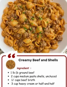 Delicious creamy beef and shells served in a stylish bowl.
