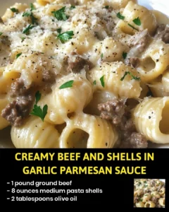 Creamy beef and shells in garlic parmesan sauce served in a bowl