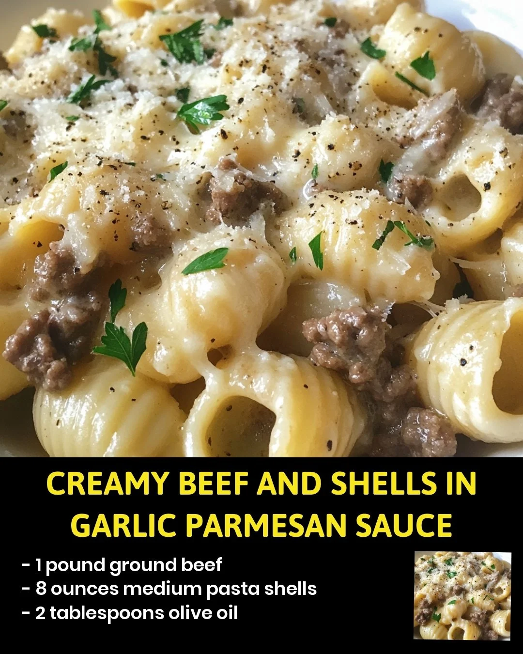 Creamy beef and shells in garlic parmesan sauce served in a bowl