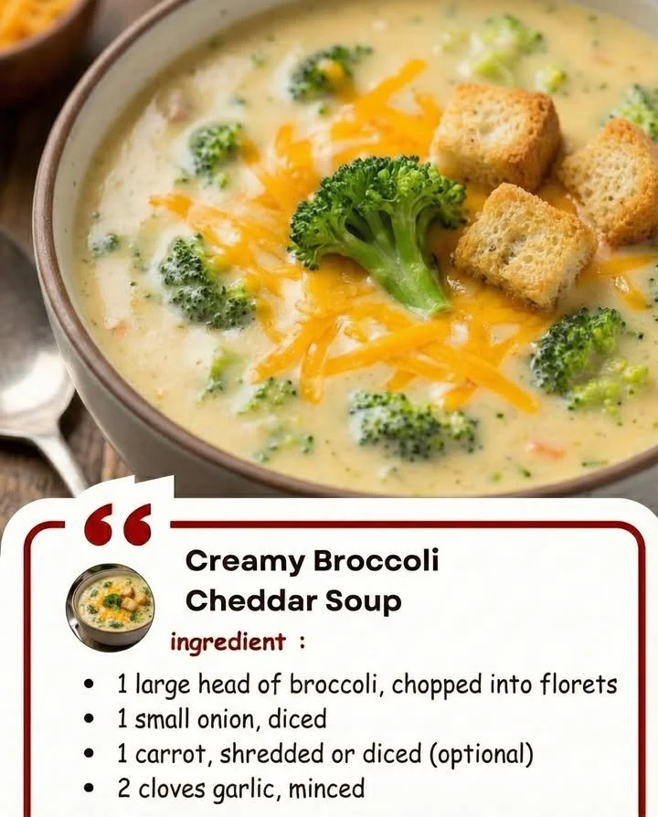 Bowl of creamy broccoli cheddar soup garnished with cheddar cheese and broccoli