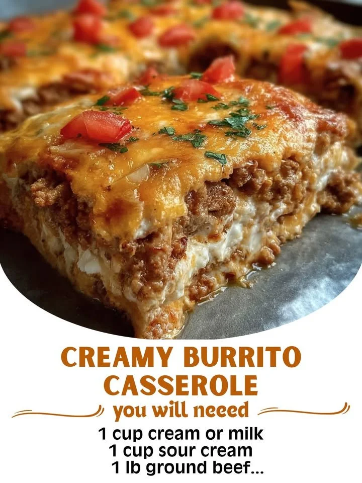 Creamy burrito casserole topped with cheese and fresh ingredients