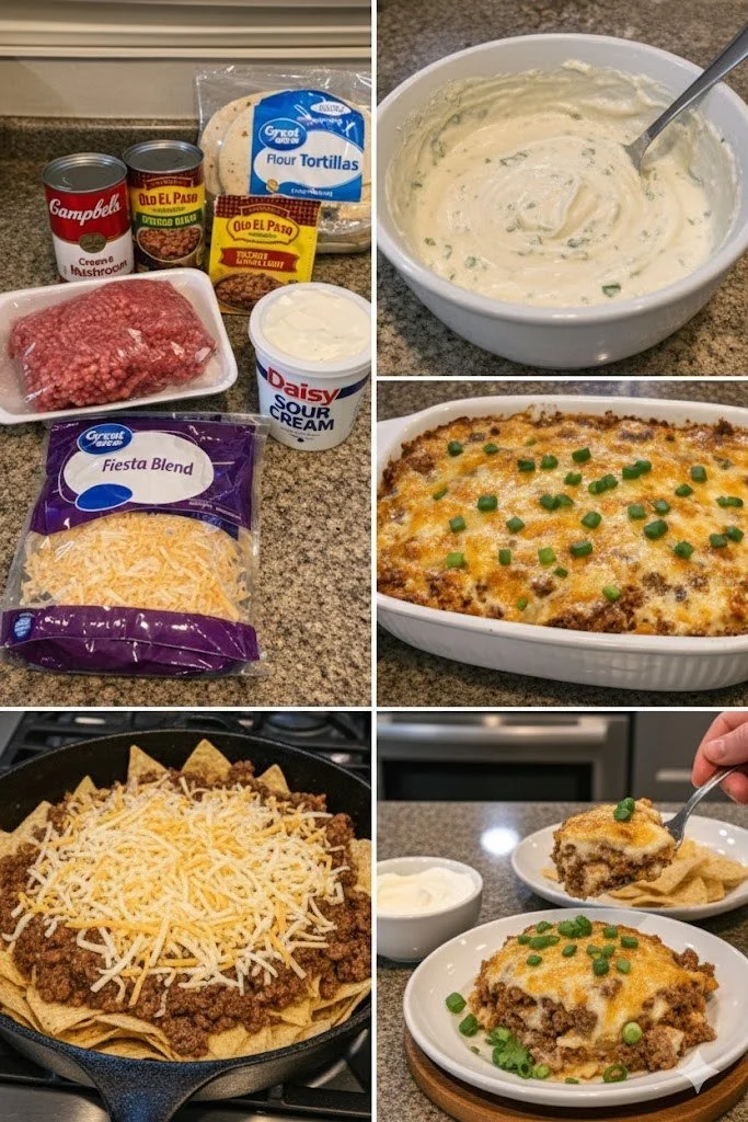 Delicious creamy burrito casserole served in a baking dish.