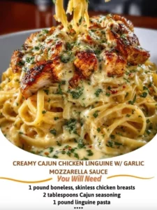 Creamy Cajun Chicken Linguine garnished with parsley and garlic mozzarella sauce