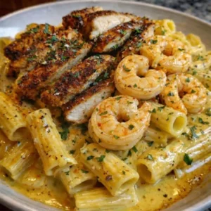 Creamy Cajun Chicken & Shrimp Rigatoni with spices and herbs in a bowl