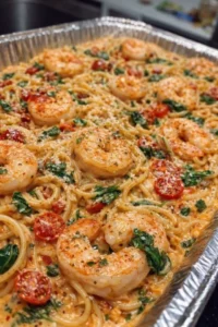 Creamy Cajun shrimp pasta bake served in a bowl with fresh herbs