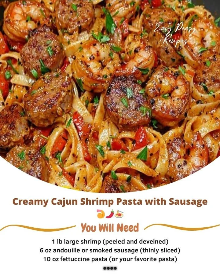 Creamy Cajun shrimp pasta with sausage served in a skillet