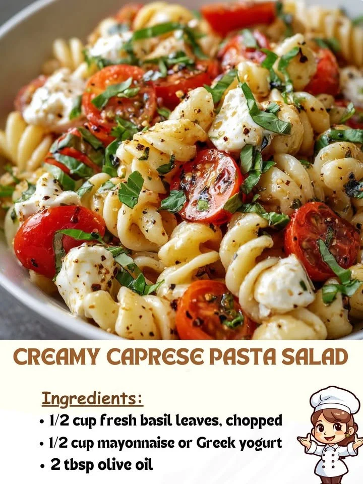 Creamy Caprese pasta salad with fresh tomatoes, mozzarella, and basil