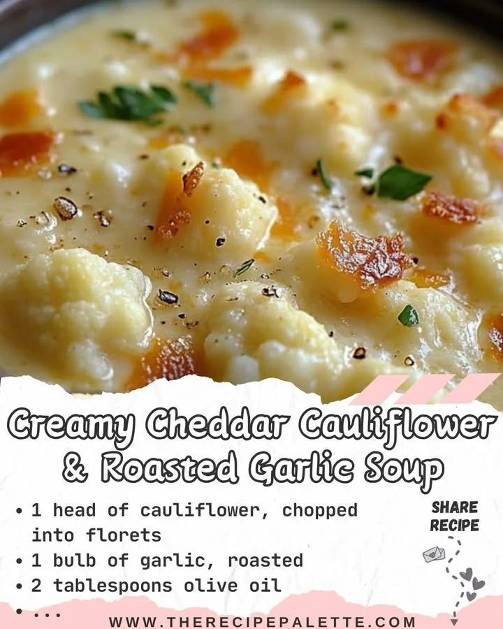 Bowl of creamy cheddar cauliflower and roasted garlic soup with garnishes
