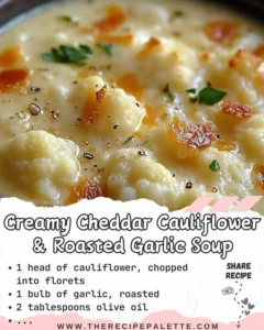 Bowl of creamy cheddar cauliflower and roasted garlic soup garnished with herbs