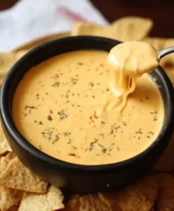 Creamy cheese dip sauce served in a bowl with tortilla chips