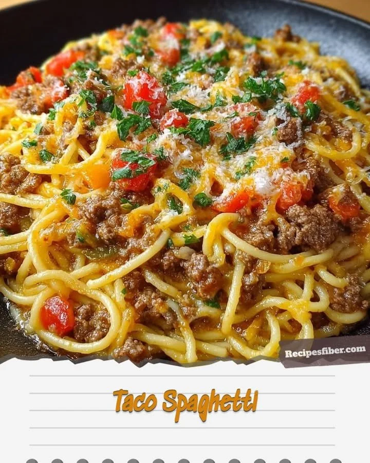Creamy cheesy taco-spaghetti dish garnished with herbs