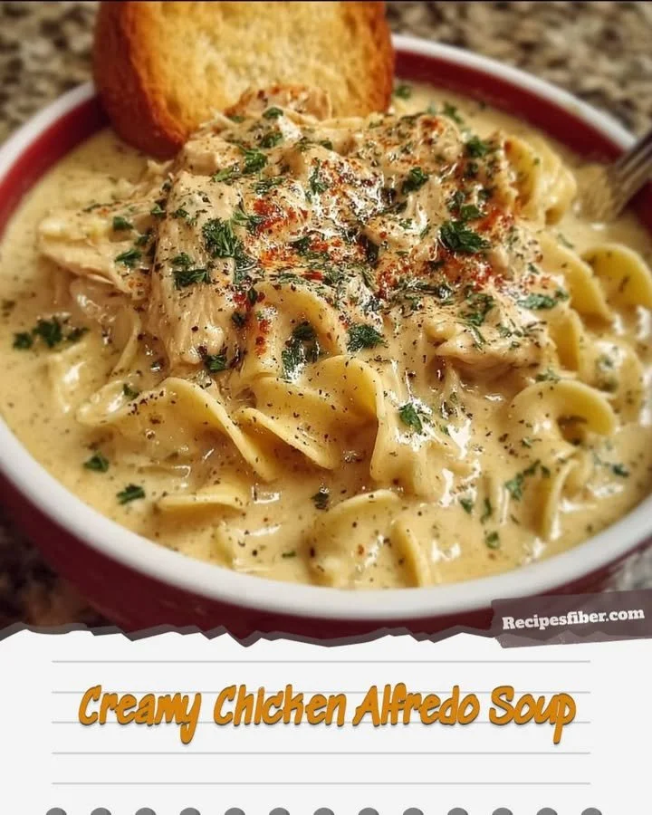 Creamy Chicken Alfredo Soup with pasta and chicken in a bowl