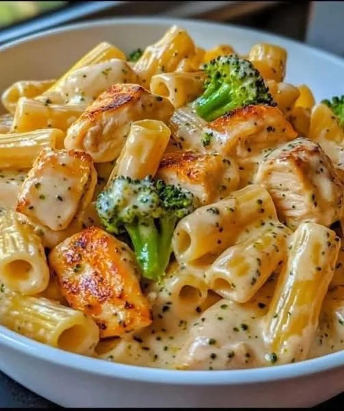Creamy chicken and broccoli pasta dish served in a bowl