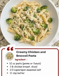 Creamy chicken and broccoli pasta dish served in a bowl