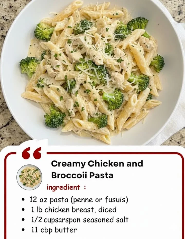 Creamy chicken and broccoli pasta dish served in a bowl