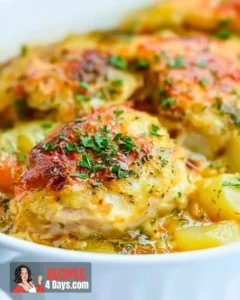 Creamy chicken and potato bake dish with garnishes