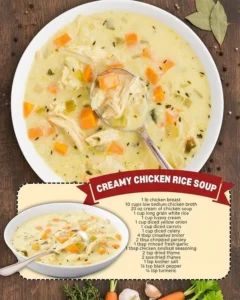 Bowl of creamy chicken and rice soup garnished with herbs