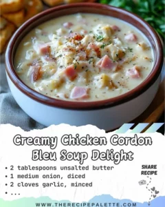 Creamy Chicken Cordon Bleu Soup topped with herbs and cheese in a bowl.