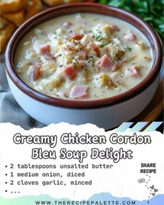 Bowl of creamy chicken cordon bleu soup topped with herbs and cheese