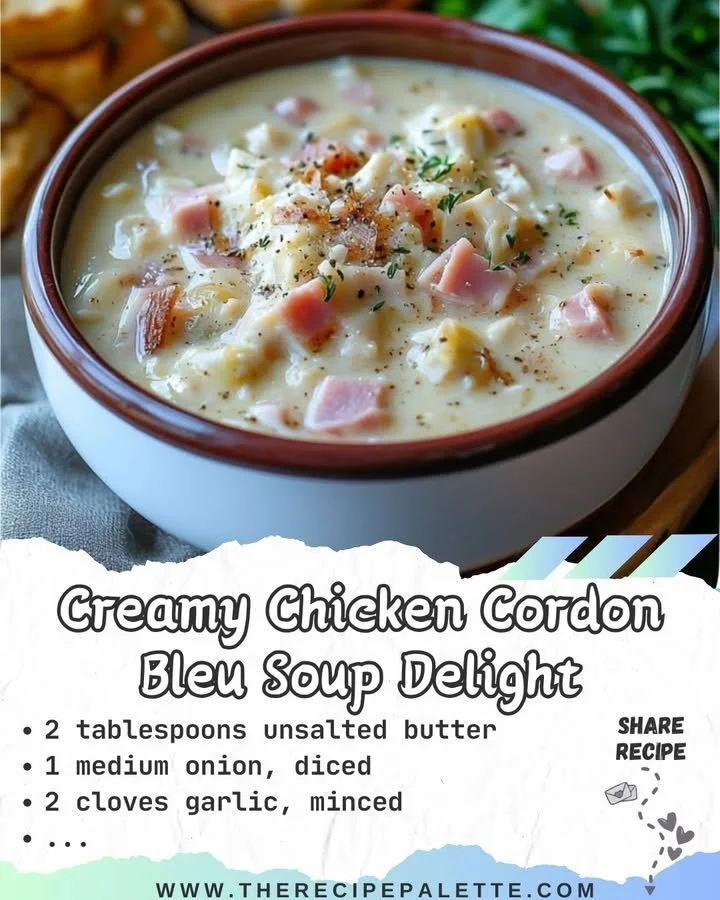 Bowl of creamy chicken cordon bleu soup topped with herbs and cheese