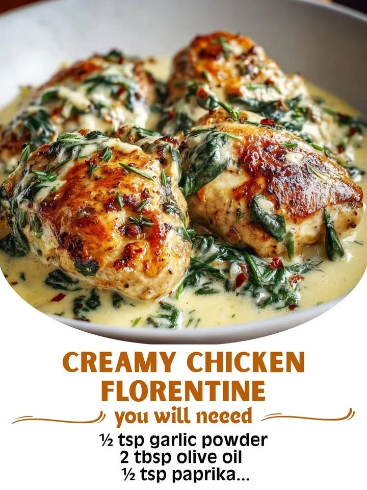 Creamy Chicken Florentine dish with chicken and spinach in a rich sauce