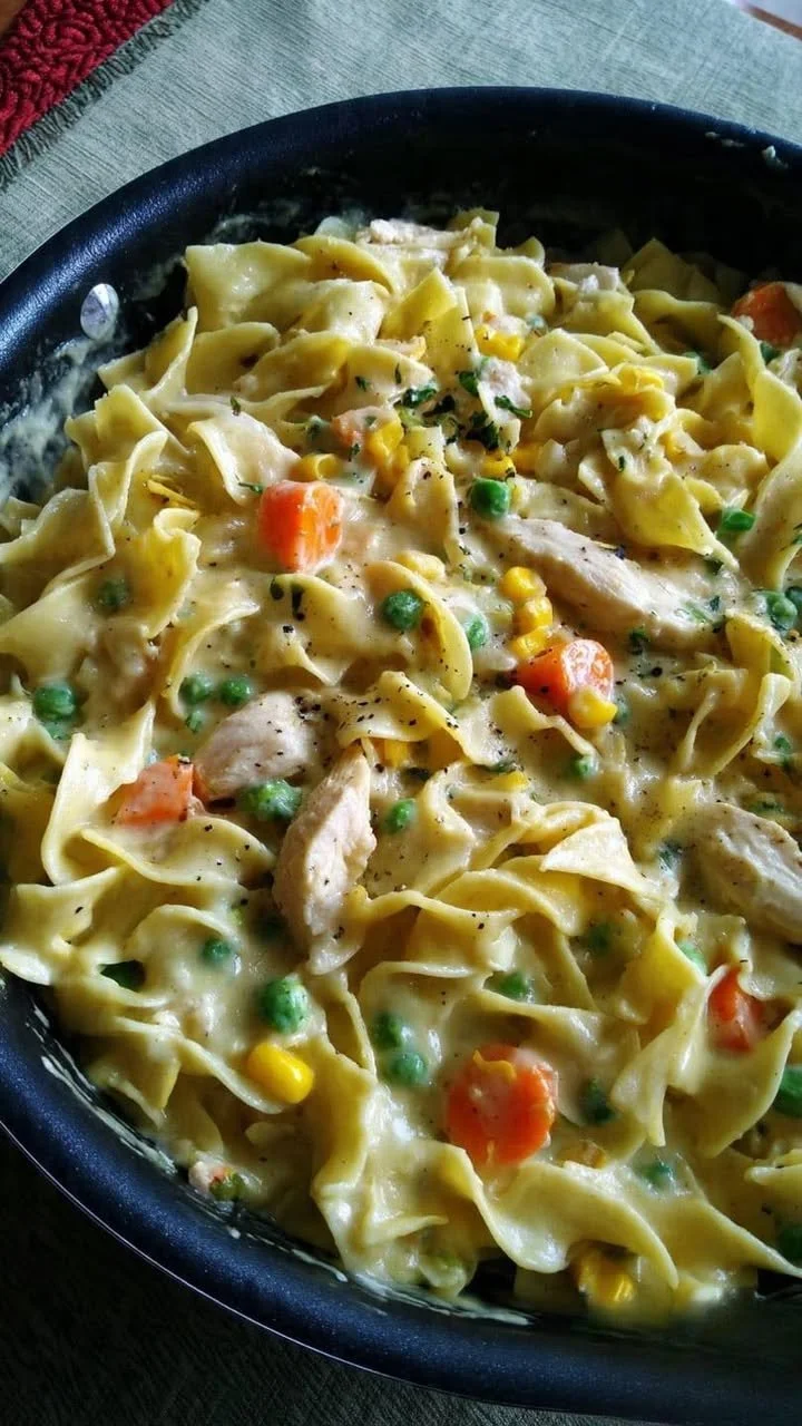 Delicious creamy chicken pot pie noodles served in a bowl