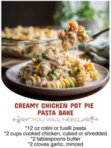 Creamy chicken pot pie pasta bake topped with golden brown crust and vegetables.