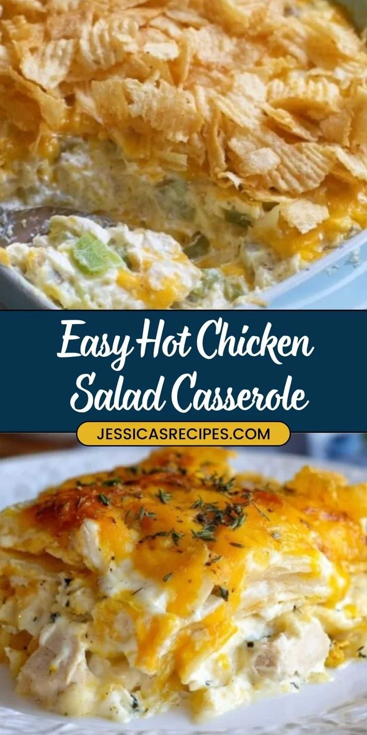 Creamy chicken salad casserole served in a baking dish with fresh herbs.