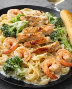Creamy Chicken and Shrimp Alfredo pasta dish served in a bowl