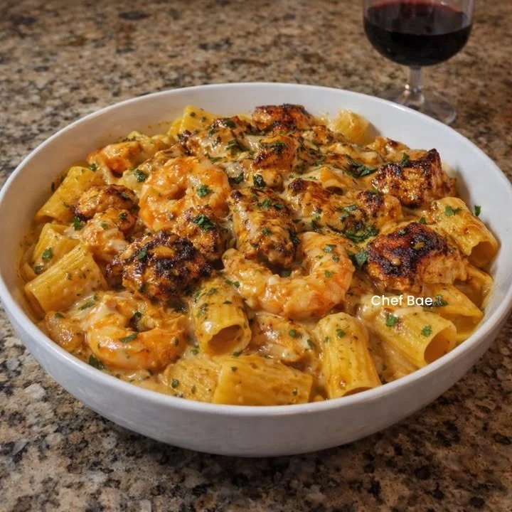 Creamy Chicken & Shrimp Rigatoni dish garnished with herbs