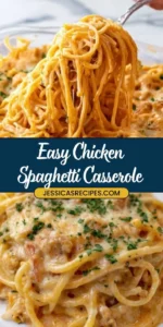 Creamy Chicken Spaghetti Bake served in a casserole dish