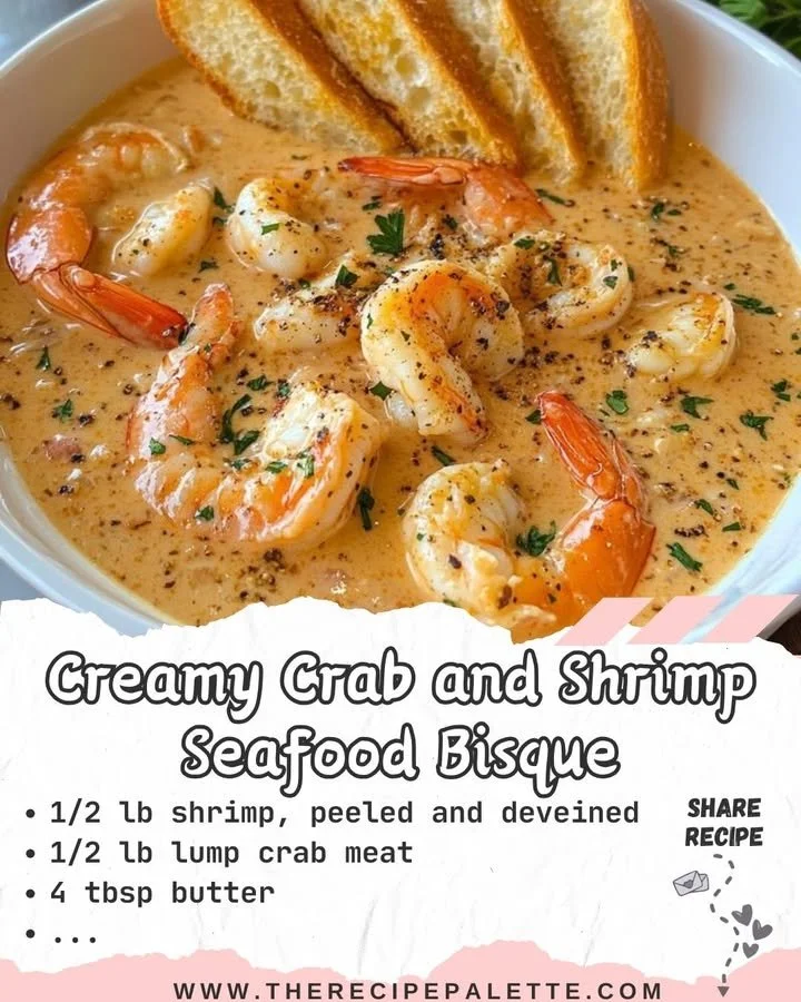 Creamy crab and shrimp seafood bisque served in a bowl