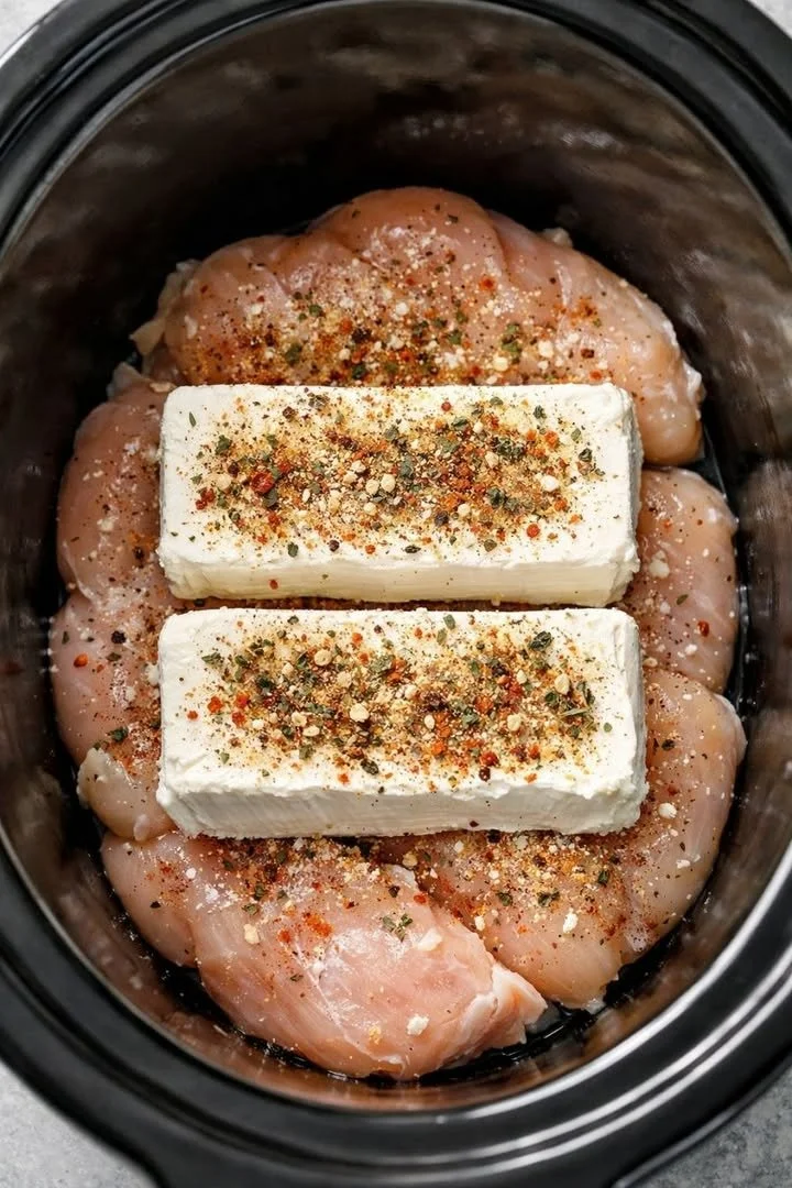 Creamy Crock Pot Chicken dish served in a bowl with herbs