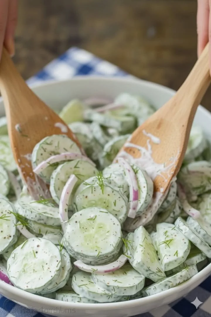 Creamy cucumber salad with fresh herbs and yogurt dressing in a bowl.