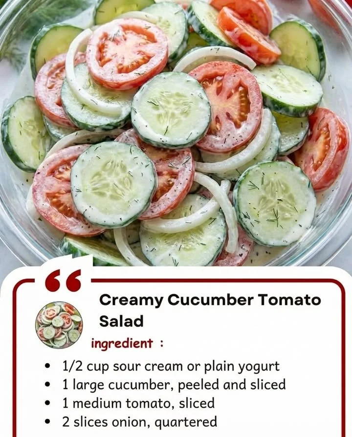 Delicious creamy cucumber tomato salad served in a bowl.
