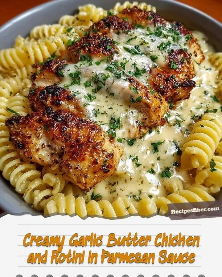 Creamy garlic butter chicken with rotini in Parmesan sauce on a plate.