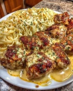 Creamy Garlic Butter Chicken served with Linguine in Alfredo Sauce