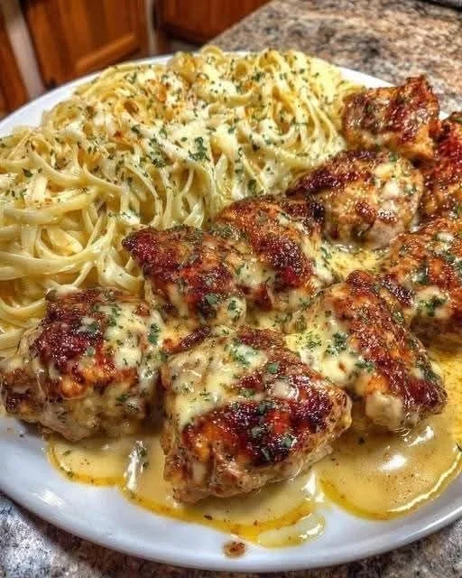 Creamy Garlic Butter Chicken served with Linguine in Alfredo Sauce