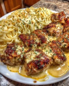Creamy garlic butter chicken served with linguine in Alfredo sauce